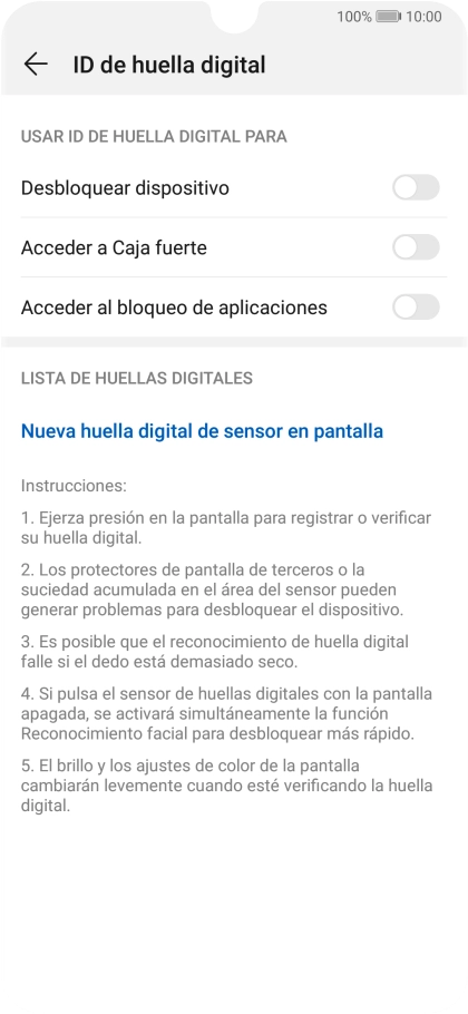 Pulsa Nueva huella digital de sensor en pantalla.