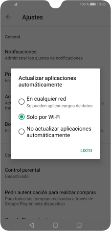 Para activar la actualización automática de apps utilizando la red móvil, pulsa En cualquer red. Se pueden aplicar cargos de datos.