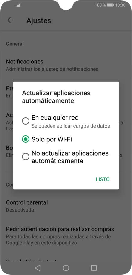 Para activar la actualización automática de apps utilizando la red móvil, pulsa En cualquer red. Se pueden aplicar cargos de datos.