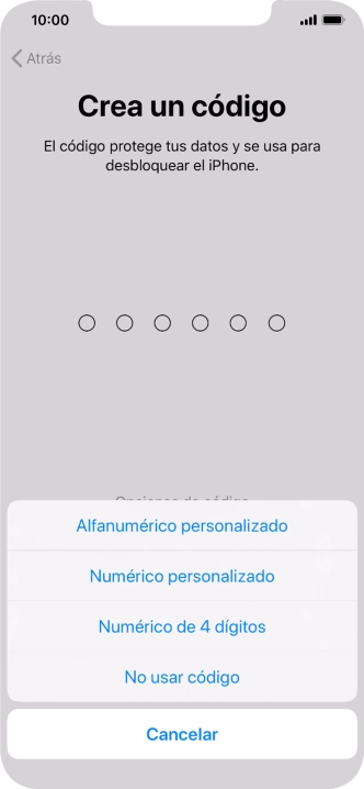 Sigue las indicaciones de la pantalla para activar el uso del código de seguridad o pulsa No usar código.