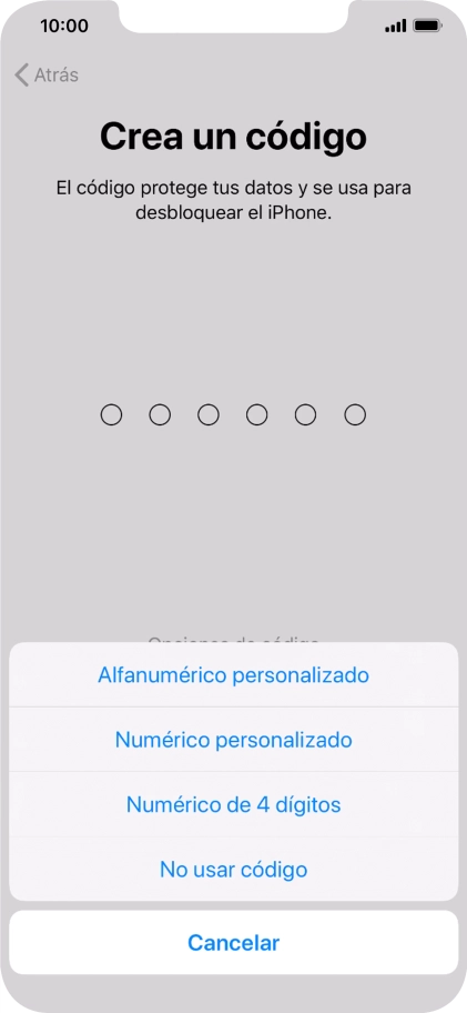 Sigue las indicaciones de la pantalla para activar el uso del código de seguridad o pulsa No usar código.