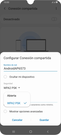 Pulsa WPA2 PSK para proteger la conexión wifi con una contraseña.