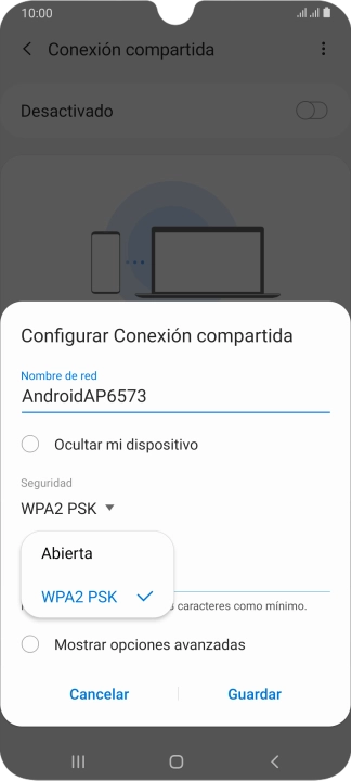 Pulsa WPA2 PSK para proteger la conexión wifi con una contraseña.