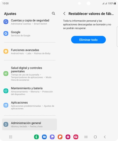 Pulsa Eliminar todo. Espera unos instantes mientras el teléfono restablece la configuración predeterminada. Sigue las indicaciones de la pantalla para configurar el teléfono y dejarlo listo para su uso.