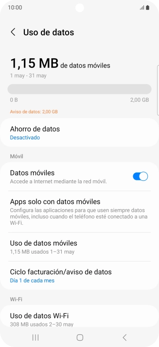 El consumo total de datos se visualiza ahora en la pantalla.