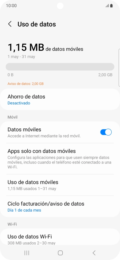 El consumo total de datos se visualiza ahora en la pantalla.