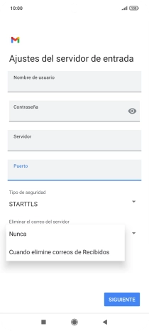 Pulsa Nunca para conservar los correos electrónicos en el servidor cuando los borras del teléfono.