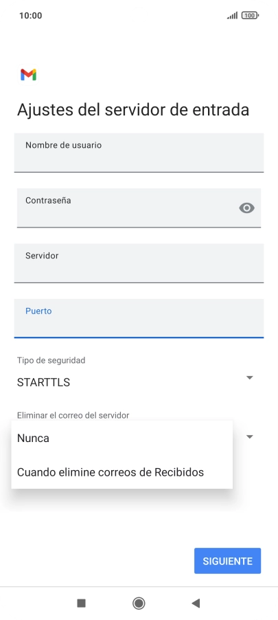 Pulsa Nunca para conservar los correos electrónicos en el servidor cuando los borras del teléfono.