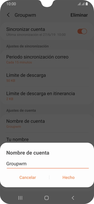 Introduce el nombre deseado de la cuenta de correo electrónico y pulsa Hecho.