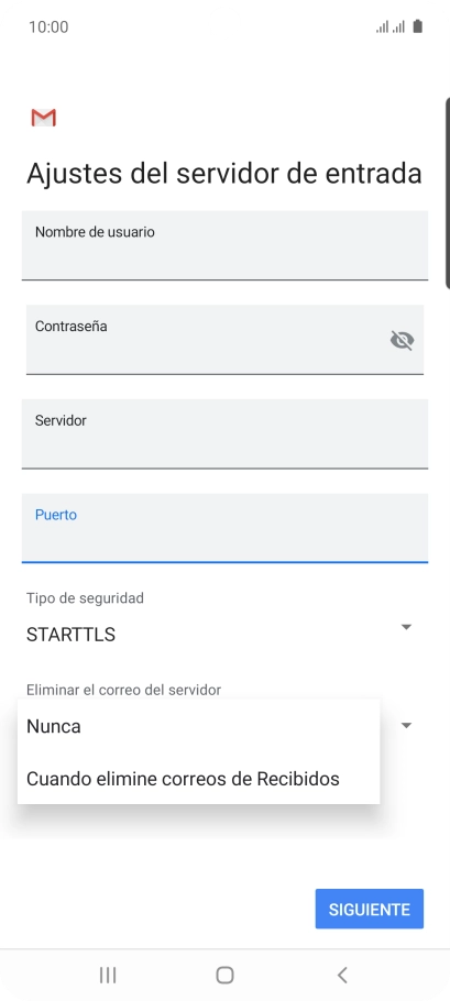 Pulsa Nunca para conservar los correos electrónicos en el servidor cuando los borras del teléfono.