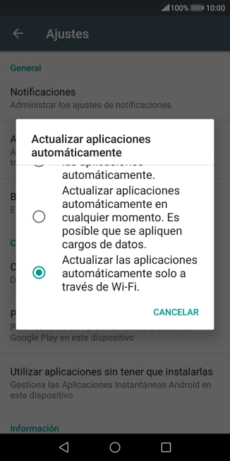 Para activar la actualización automática de apps a través de wifi, pulsa Actualizar las aplicaciones automáticamente solo a través de W-Fi..