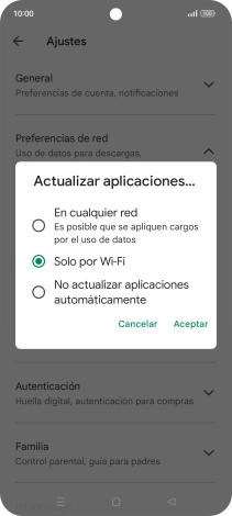 Para activar la actualización automática de apps utilizando la red móvil, pulsa En cualquier red.