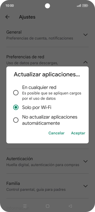 Para activar la actualización automática de apps utilizando la red móvil, pulsa En cualquier red.