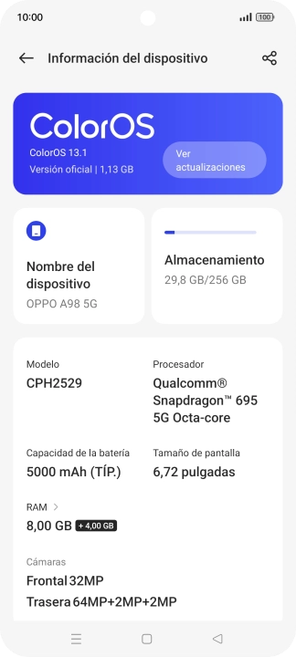 Pulsa ColorOS. Si hay una versión de software nueva disponible, aparecerá ahora en la pantalla. Sigue las indicaciones de la pantalla para actualizar el software del teléfono.