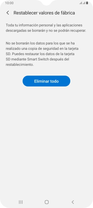 Pulsa Eliminar todo. Espera unos instantes mientras el teléfono restablece la configuración predeterminada. Sigue las indicaciones de la pantalla para configurar el teléfono y dejarlo listo para su uso.