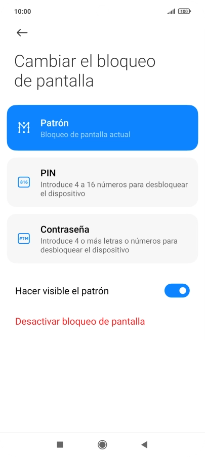 Pulsa Desactivar bloqueo de pantalla e introduce el código de seguridad actual.