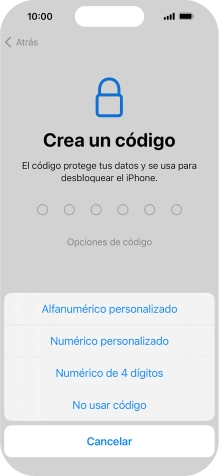 Sigue las indicaciones de la pantalla para activar el uso del código de seguridad o pulsa No usar código.