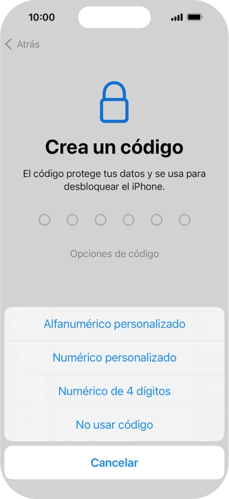 Sigue las indicaciones de la pantalla para activar el uso del código de seguridad o pulsa No usar código.