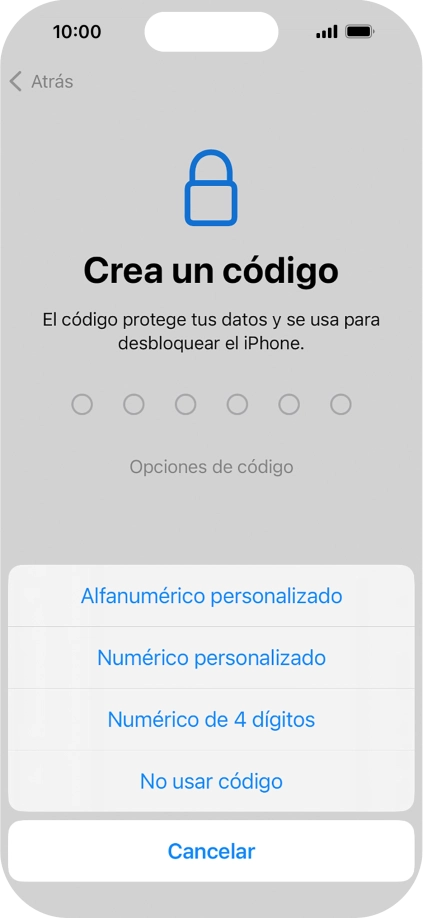 Sigue las indicaciones de la pantalla para activar el uso del código de seguridad o pulsa No usar código.