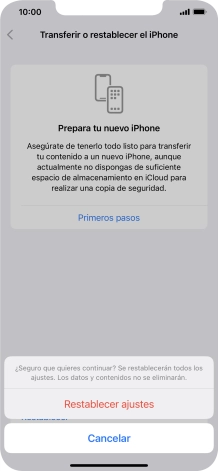 Pulsa Restablecer ajustes. Espera unos instantes mientras el teléfono restablece la configuración predeterminada. Sigue las indicaciones de la pantalla para configurar el teléfono y dejarlo listo para su uso.