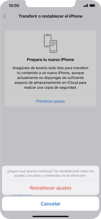 Pulsa Restablecer ajustes. Espera unos instantes mientras el teléfono restablece la configuración predeterminada. Sigue las indicaciones de la pantalla para configurar el teléfono y dejarlo listo para su uso.