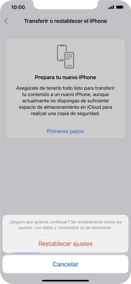 Pulsa Restablecer ajustes. Espera unos instantes mientras el teléfono restablece la configuración predeterminada. Sigue las indicaciones de la pantalla para configurar el teléfono y dejarlo listo para su uso.