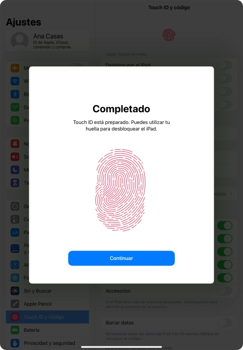 Pulsa Continuar. Si no has añadido anteriormente un código de seguridad, tendrás que introducir un código de libre elección dos veces consecutivas.