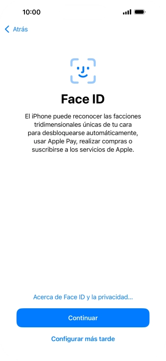 Sigue las indicaciones de la pantalla para activar el uso del reconocimiento facial (Face ID) o pulsa Configurar más tarde.