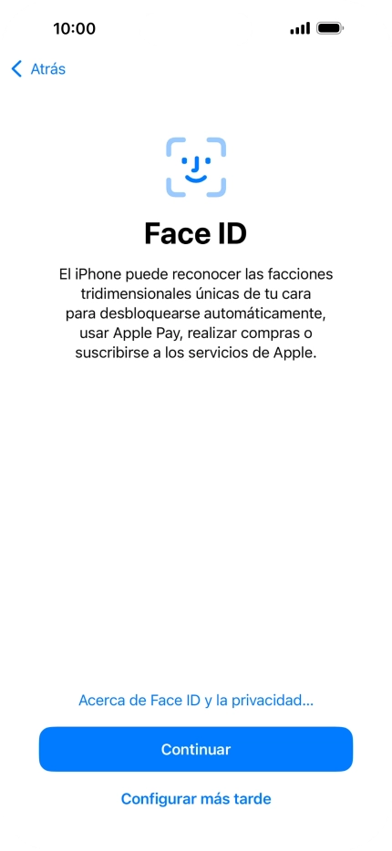 Sigue las indicaciones de la pantalla para activar el uso del reconocimiento facial (Face ID) o pulsa Configurar más tarde.