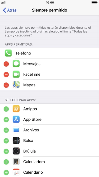 Pulsa el icono de añadir junto a la app deseada para añadirla a la lista de apps permitidas bajo el tiempo de inactividad de pantalla.