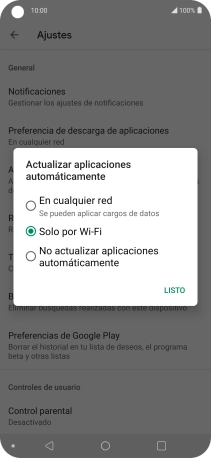 Para activar la actualización automática de apps utilizando la red móvil, pulsa En cualquier red.