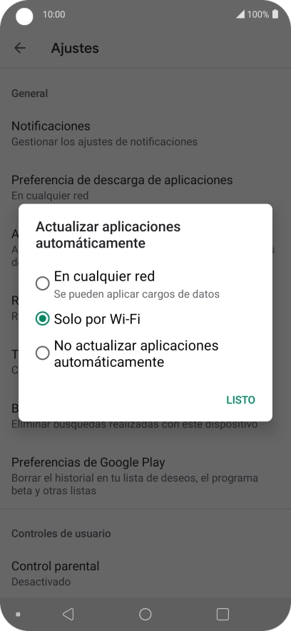 Para activar la actualización automática de apps utilizando la red móvil, pulsa En cualquier red.