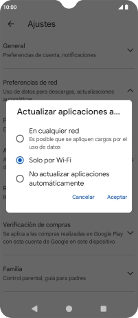 Para activar la actualización automática de apps utilizando la red móvil, pulsa En cualquier red.