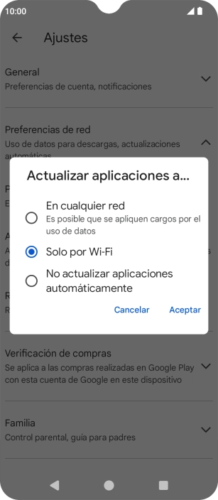 Para activar la actualización automática de apps utilizando la red móvil, pulsa En cualquier red.