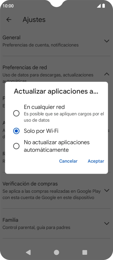 Para activar la actualización automática de apps utilizando la red móvil, pulsa En cualquier red.