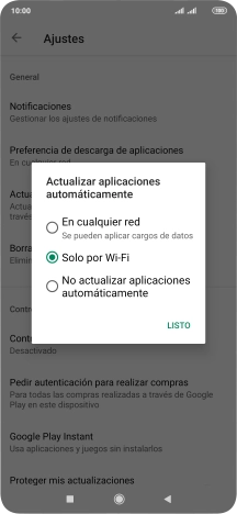Para activar la actualización automática de apps utilizando la red móvil, pulsa En cualquier red.