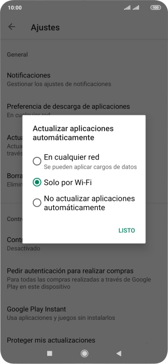 Para activar la actualización automática de apps utilizando la red móvil, pulsa En cualquier red.
