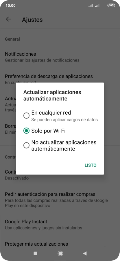 Para activar la actualización automática de apps utilizando la red móvil, pulsa En cualquier red.