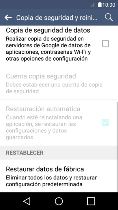 Pulsa Restaurar datos de fábrica.