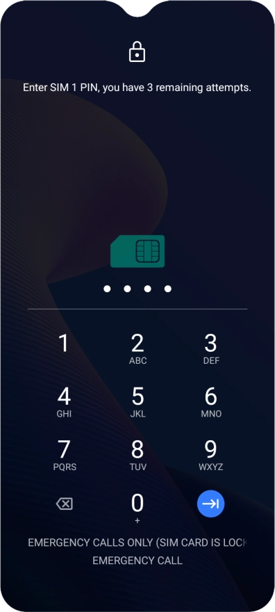Si tu tarjeta SIM está bloqueada, introduce el código PIN y pulsa la flecha hacia la derecha.