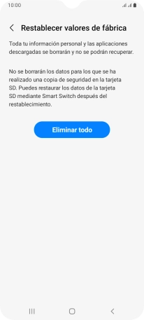 Pulsa Eliminar todo. Espera unos instantes mientras el teléfono restablece la configuración predeterminada. Sigue las indicaciones de la pantalla para configurar el teléfono y dejarlo listo para su uso.
