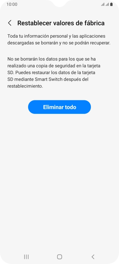 Pulsa Eliminar todo. Espera unos instantes mientras el teléfono restablece la configuración predeterminada. Sigue las indicaciones de la pantalla para configurar el teléfono y dejarlo listo para su uso.