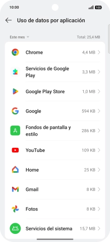 El consumo de datos por cada aplicación aparece bajo el nombre de la aplicación.
