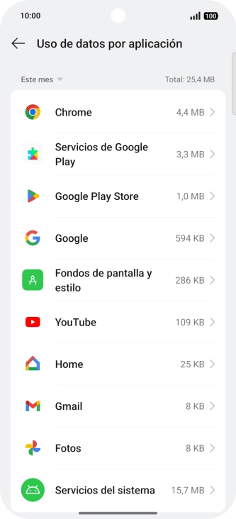 El consumo de datos por cada aplicación aparece bajo el nombre de la aplicación.