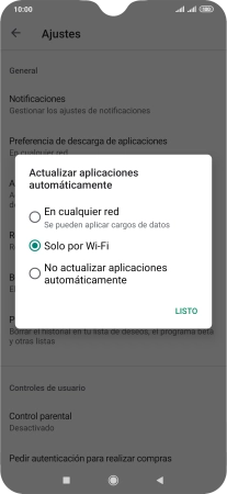 Para activar la actualización automática de apps utilizando la red móvil, pulsa En cualquier red.