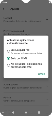 Para activar la actualización automática de apps utilizando la red móvil, pulsa En cualquier red.