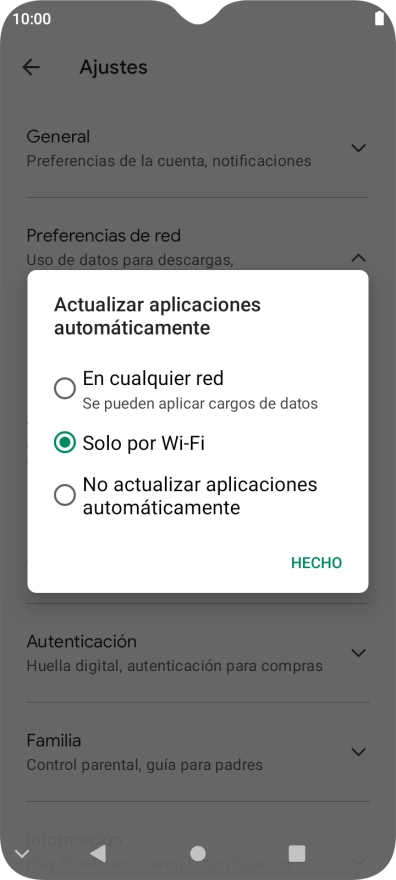 Para activar la actualización automática de apps utilizando la red móvil, pulsa En cualquier red.