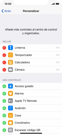 Pulsa el icono de eliminar junto a la función deseada para eliminarla del Centro de control.