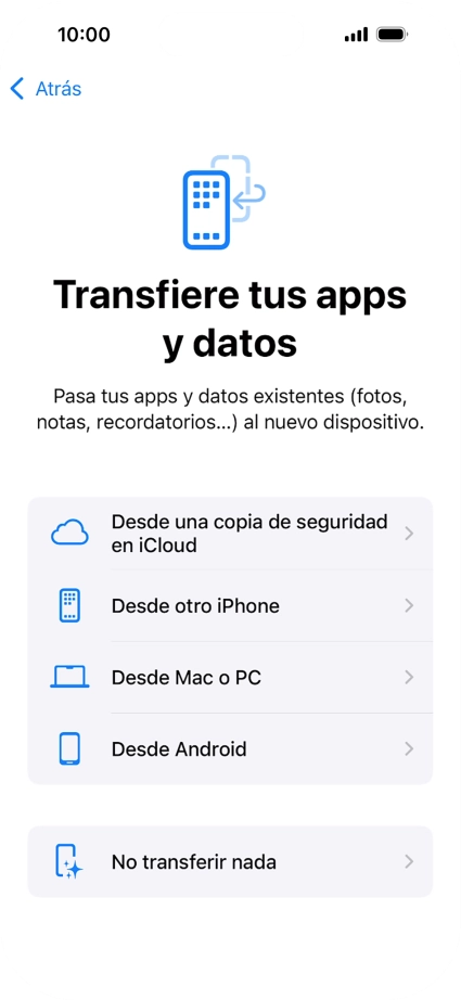 Puedes transferir el contenido de otro teléfono Android cuando el teléfono se activa antes de utilizarlo por primera vez y cuando lo restableces. Cuando aparece esta imagen de pantalla, el teléfono está listo para la transferencia de contenido desde otro teléfono Android.