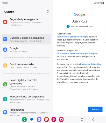 Pulsa Acepto y sigue las indicaciones de la pantalla para seleccionar los ajustes de tu cuenta de Google.